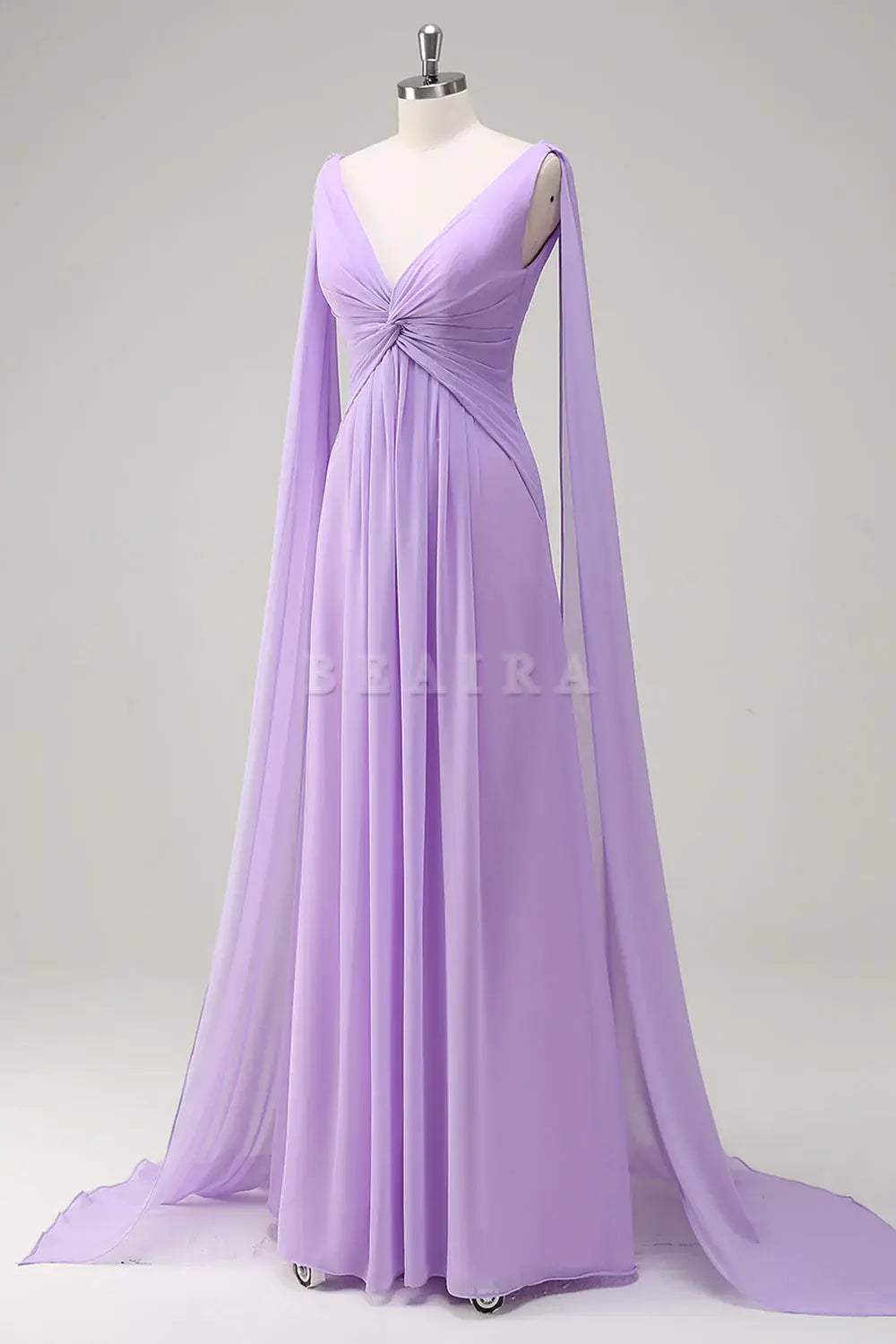 Beaira Elegant Lilac A-Line V Neck Chiffon Long Bridesmaid Dress with Flowing Cape Sleeves