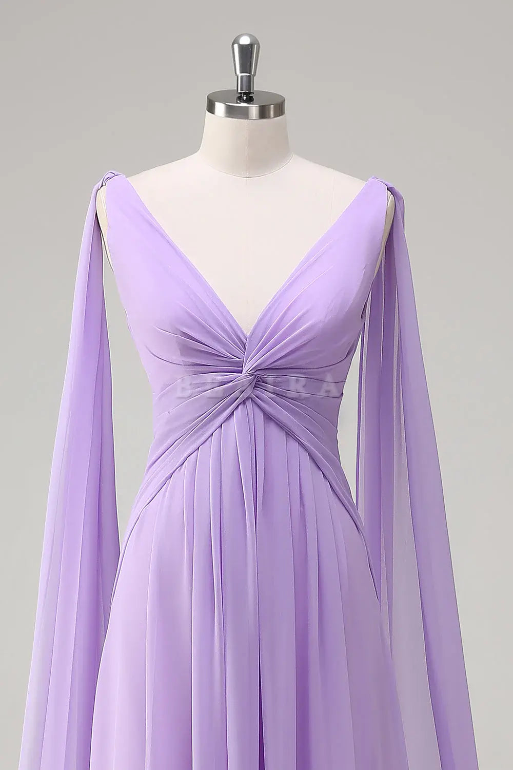 Beaira Elegant Lilac A-Line V Neck Chiffon Long Bridesmaid Dress with Flowing Cape Sleeves