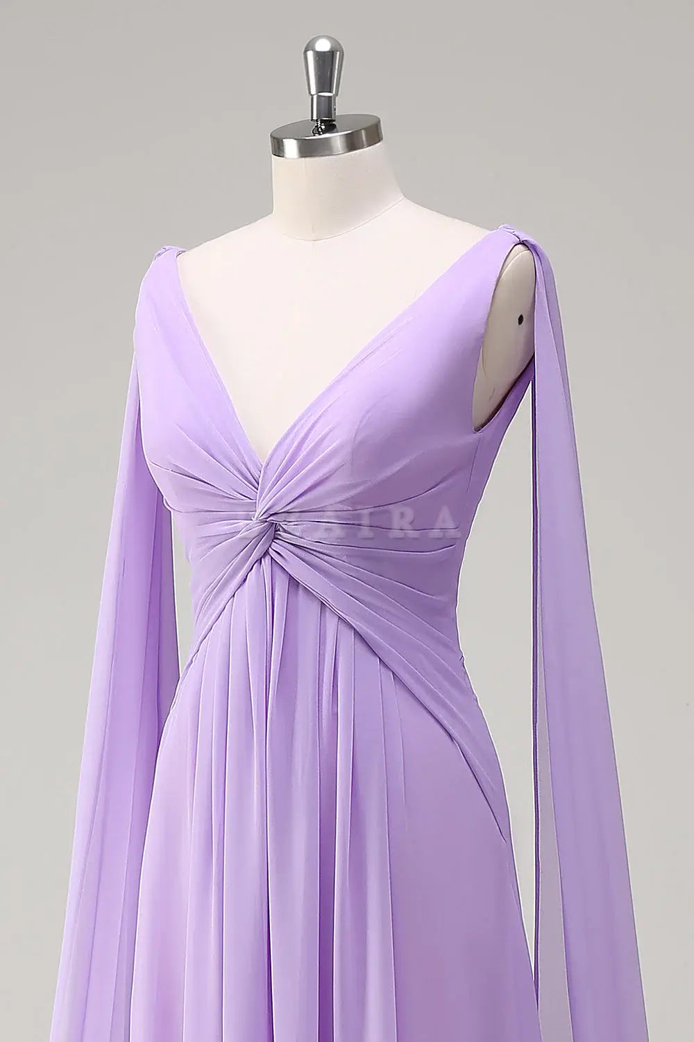 Beaira Elegant Lilac A-Line V Neck Chiffon Long Bridesmaid Dress with Flowing Cape Sleeves