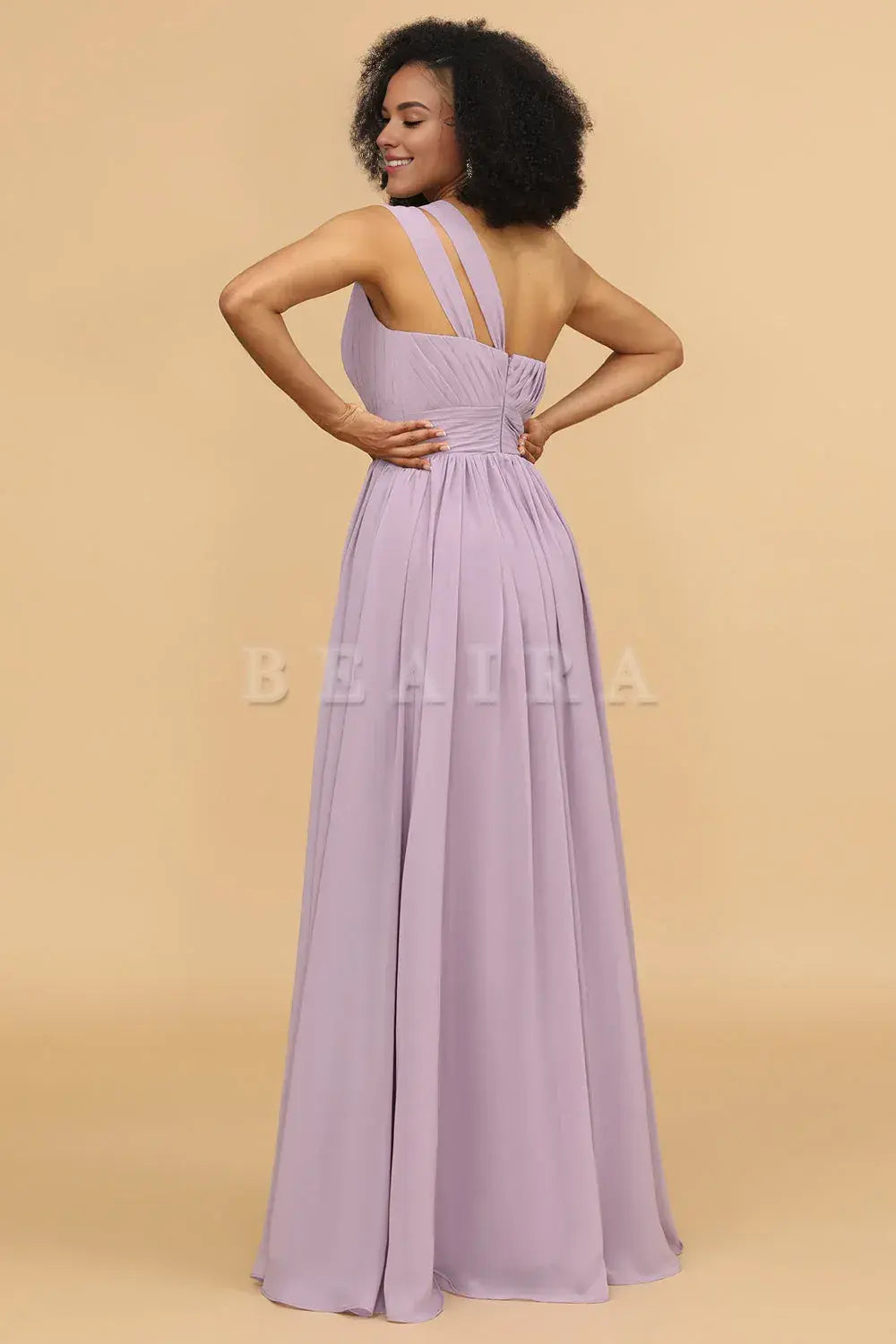 Beaira Elegant Lilac A Line One Shoulder Long Chiffon Bridesmaids Dress with Ruffles New Arrivals