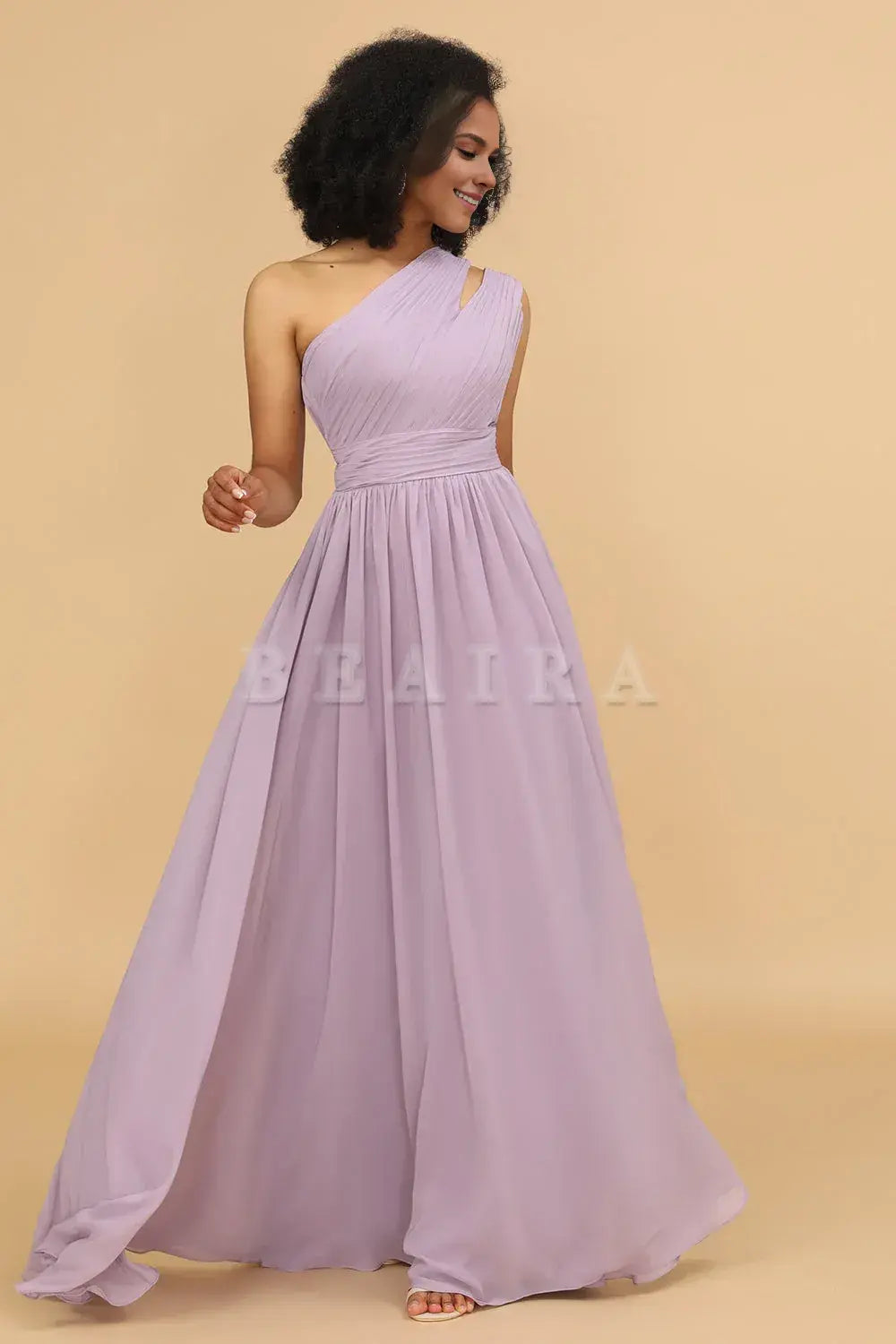Beaira Elegant Lilac A Line One Shoulder Long Chiffon Bridesmaids Dress with Ruffles New Arrivals