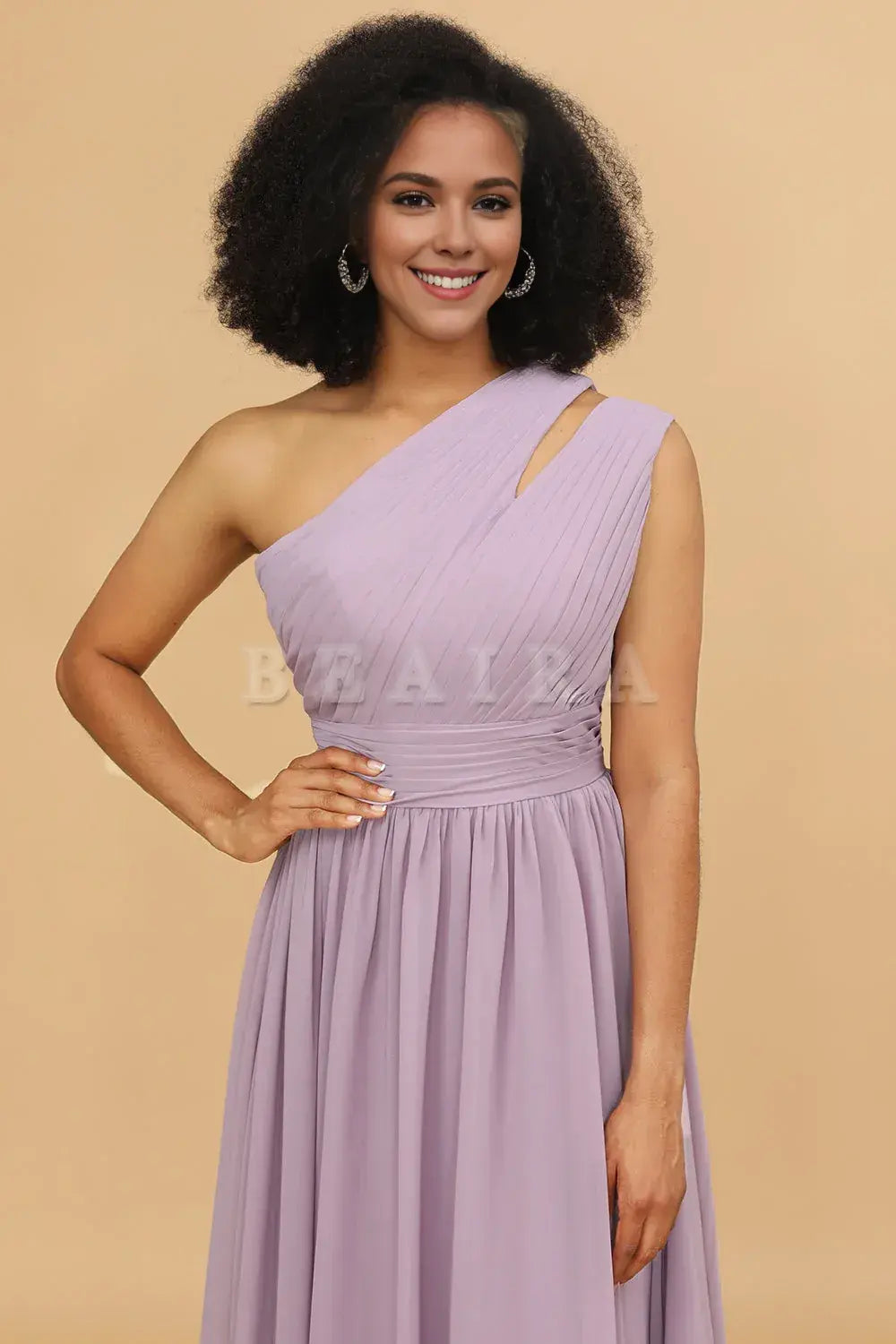 Beaira Elegant Lilac A Line One Shoulder Long Chiffon Bridesmaids Dress with Ruffles New Arrivals