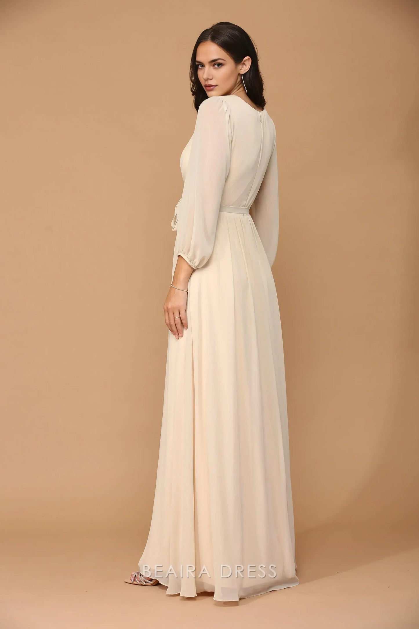 Elegant Long Sleeve Chiffon Wrap Maxi Dress with Tie Waist Prom Dress