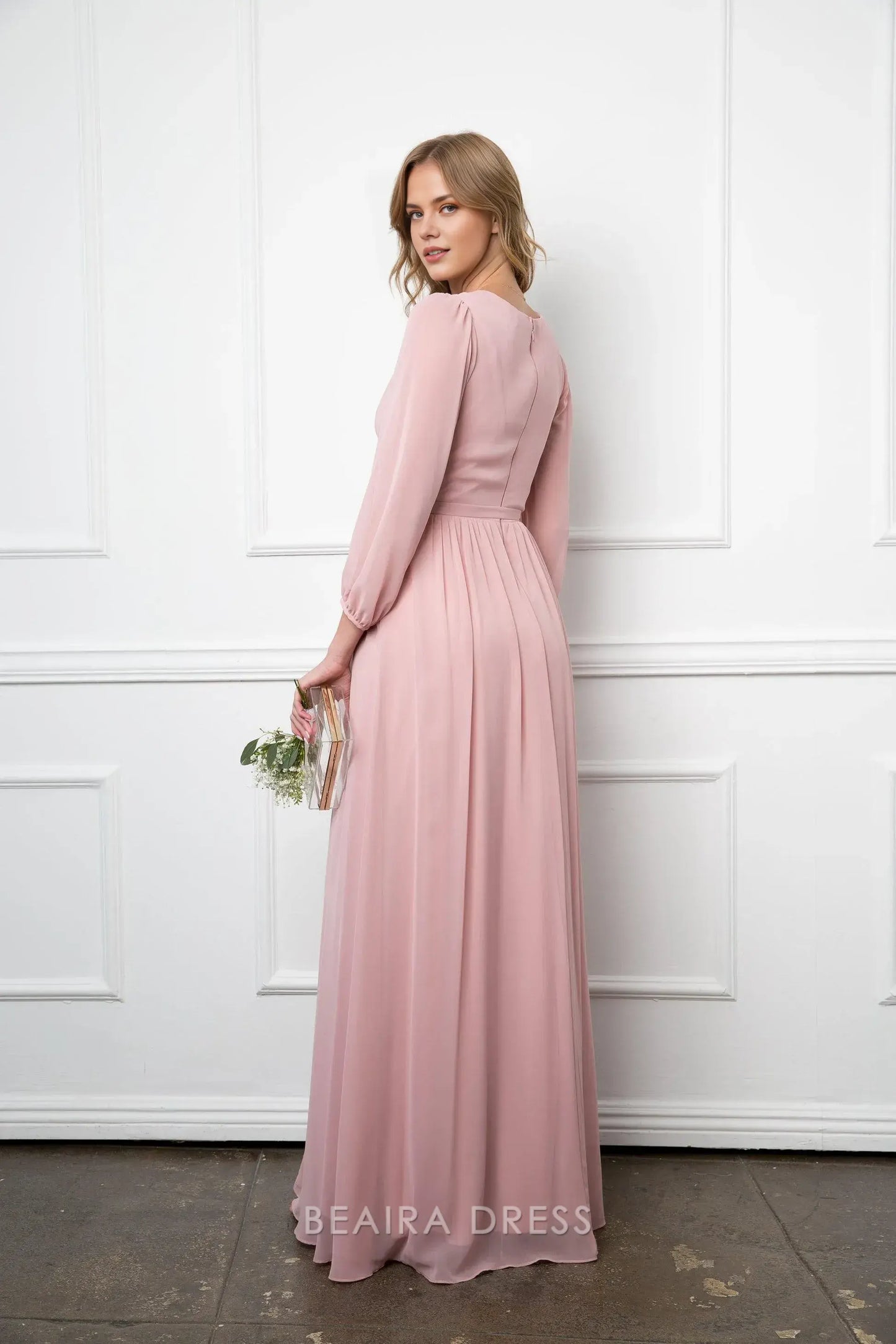Elegant Long Sleeve Chiffon Wrap Maxi Dress with Tie Waist Prom Dress