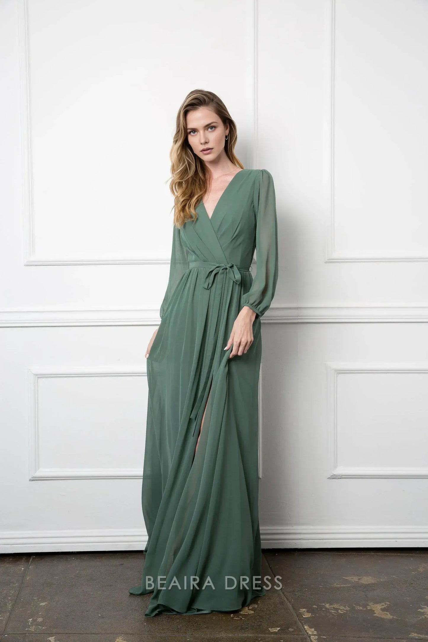 Elegant Long Sleeve Chiffon Wrap Maxi Dress with Tie Waist Prom Dress