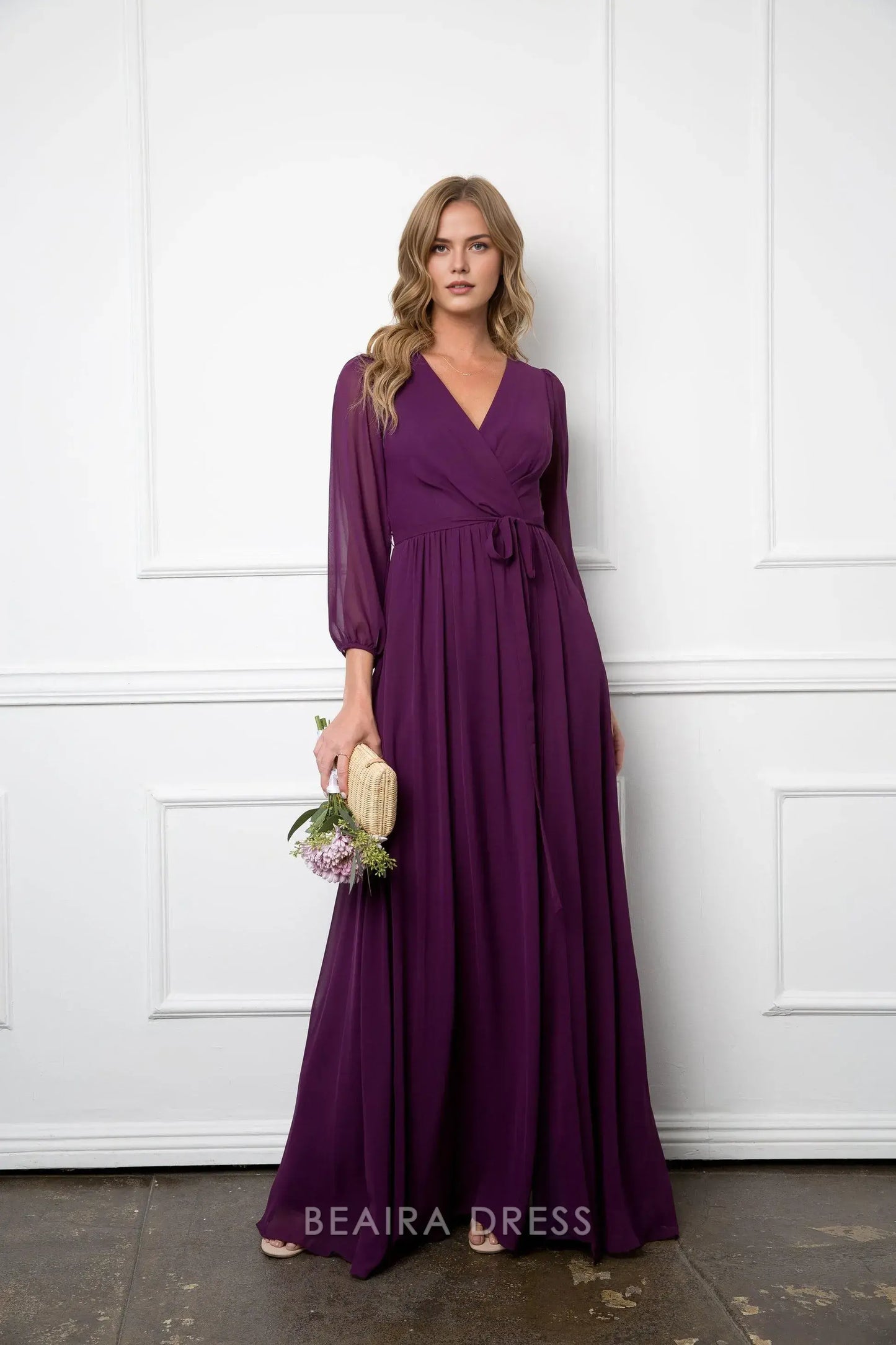 Elegant Long Sleeve Chiffon Wrap Maxi Dress with Tie Waist Prom Dress