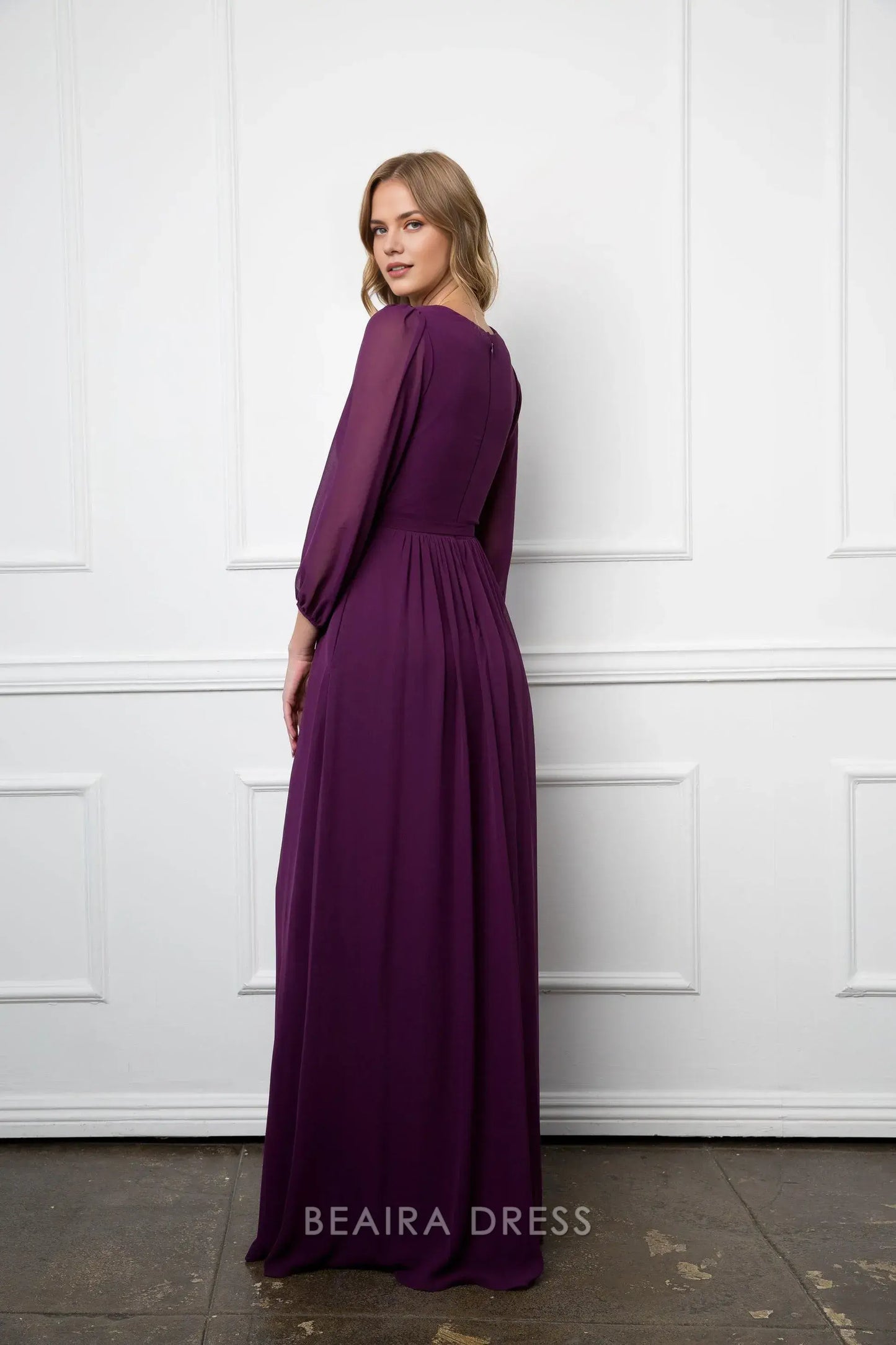 Elegant Long Sleeve Chiffon Wrap Maxi Dress with Tie Waist Prom Dress