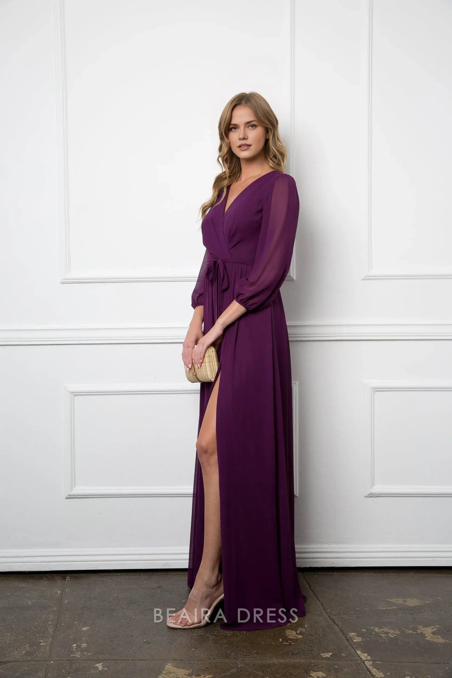 Elegant Long Sleeve Chiffon Wrap Maxi Dress with Tie Waist Prom Dress