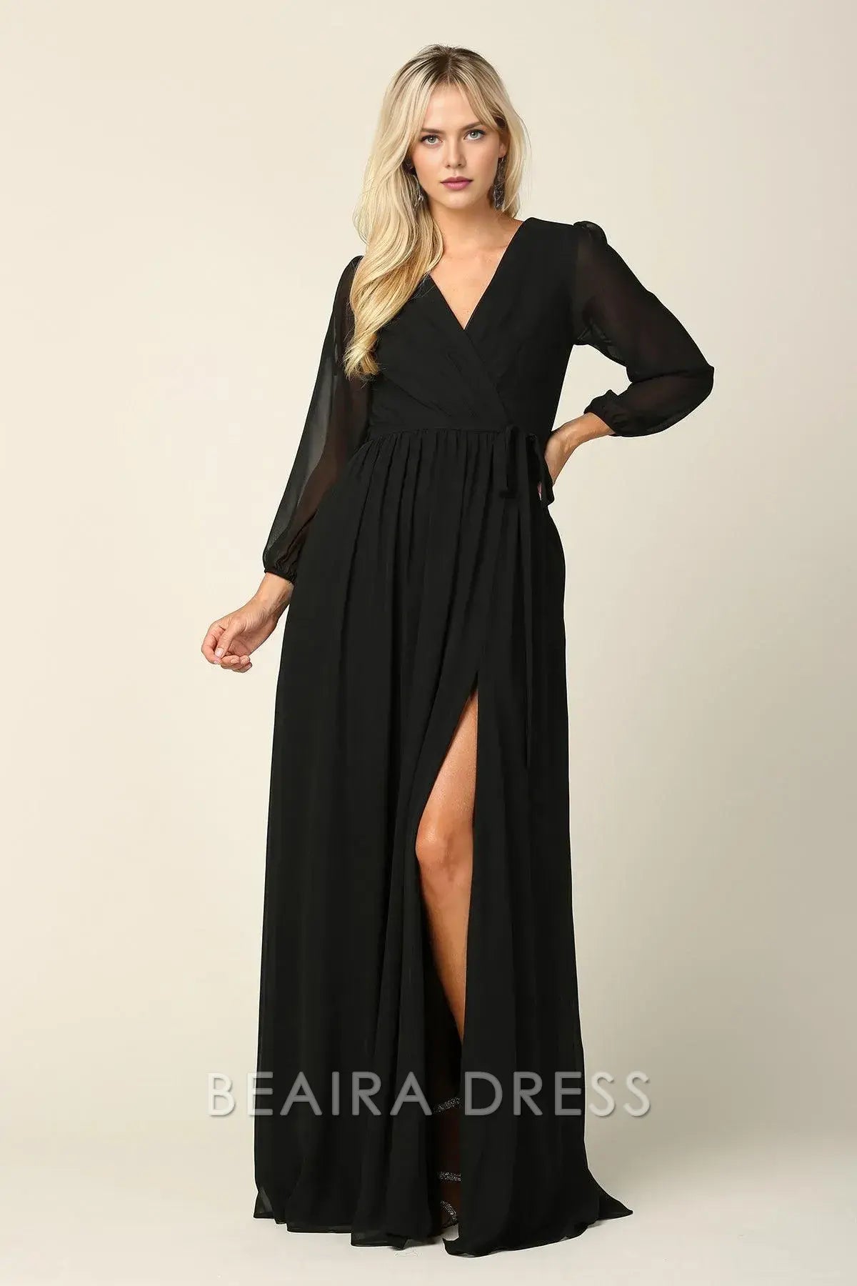 Elegant Long Sleeve Chiffon Wrap Maxi Dress with Tie Waist Prom Dress