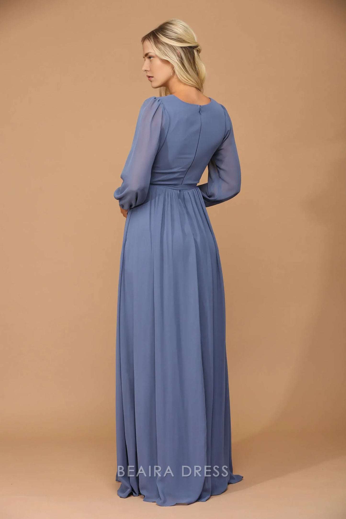 Elegant Long Sleeve Chiffon Wrap Maxi Dress with Tie Waist Prom Dress
