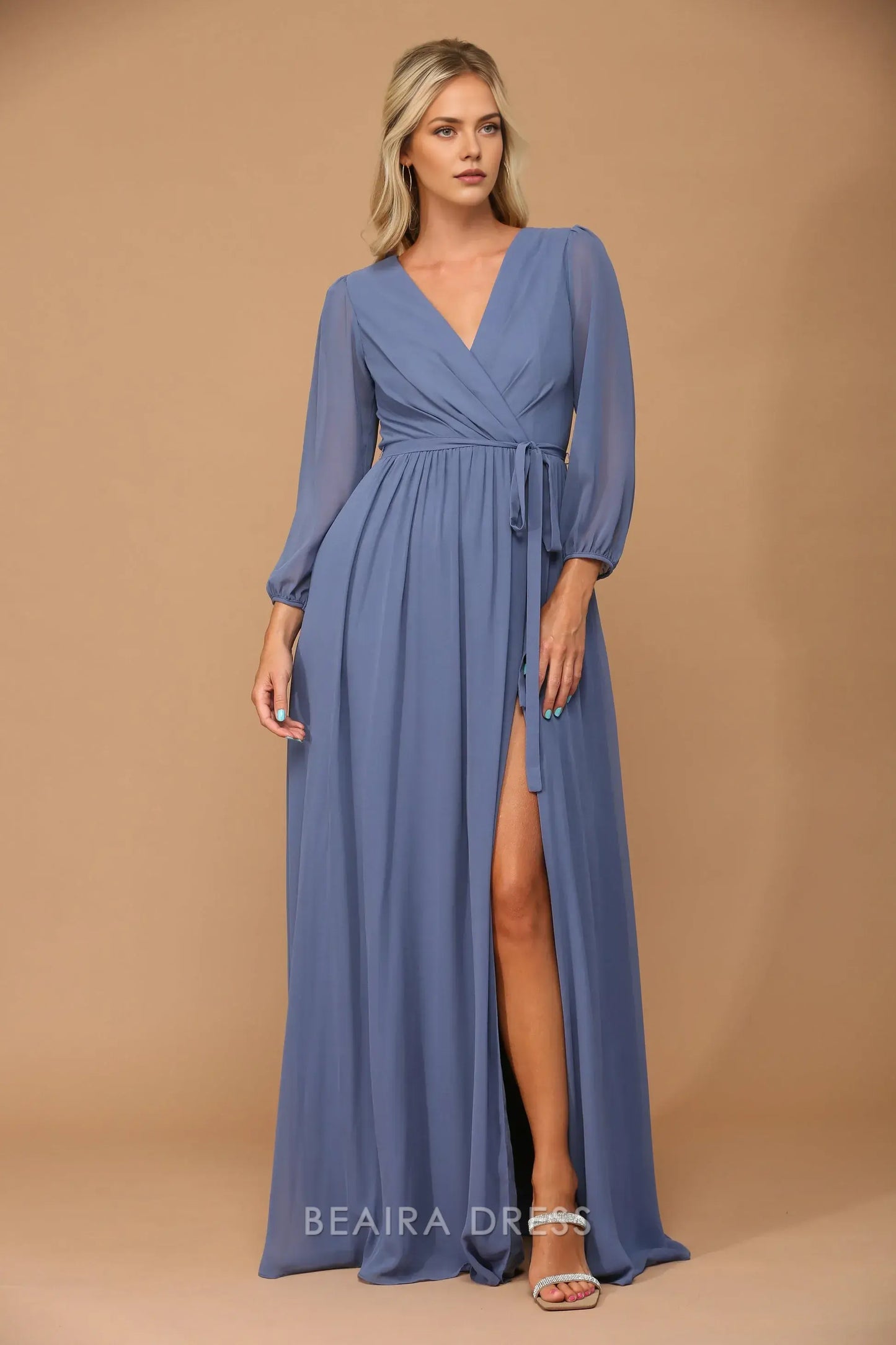 Elegant Long Sleeve Chiffon Wrap Maxi Dress with Tie Waist Prom Dress
