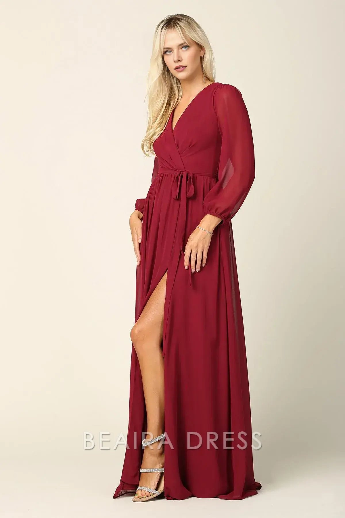 Elegant Long Sleeve Chiffon Wrap Maxi Dress with Tie Waist Prom Dress
