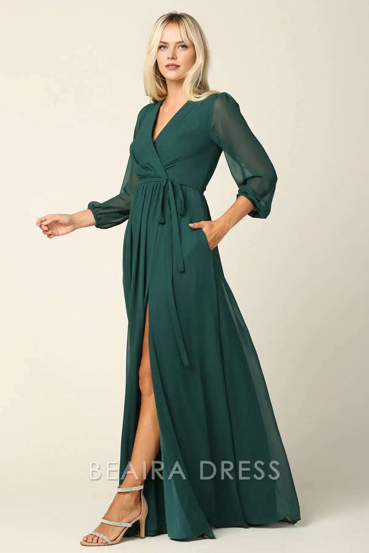 Elegant Long Sleeve Chiffon Wrap Maxi Dress with Tie Waist Prom Dress