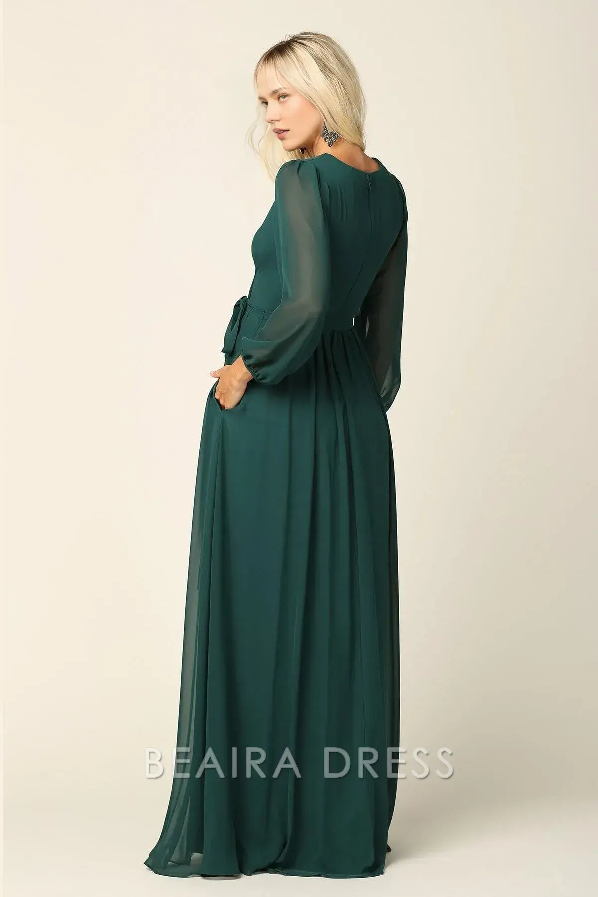 Elegant Long Sleeve Chiffon Wrap Maxi Dress with Tie Waist Prom Dress