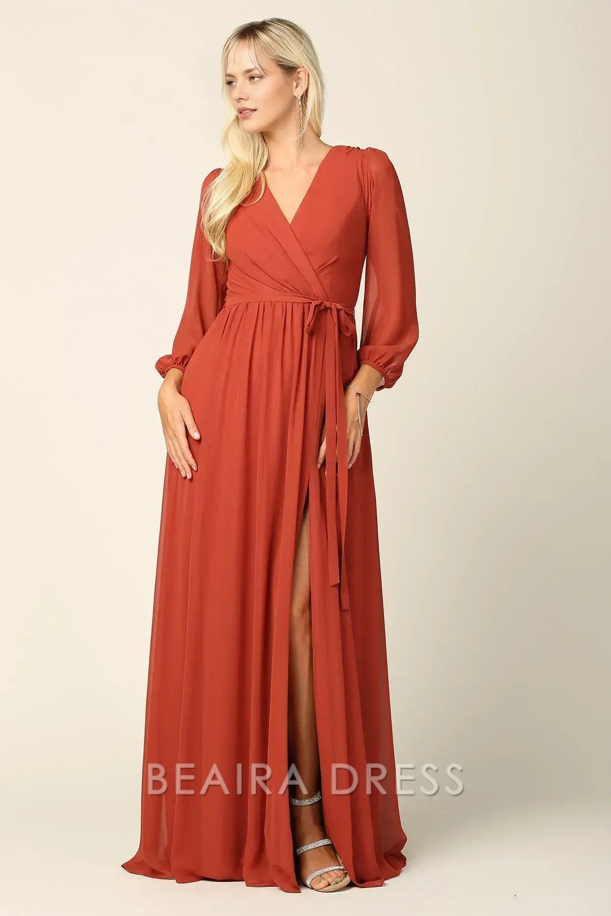 Elegant Long Sleeve Chiffon Wrap Maxi Dress with Tie Waist Prom Dress