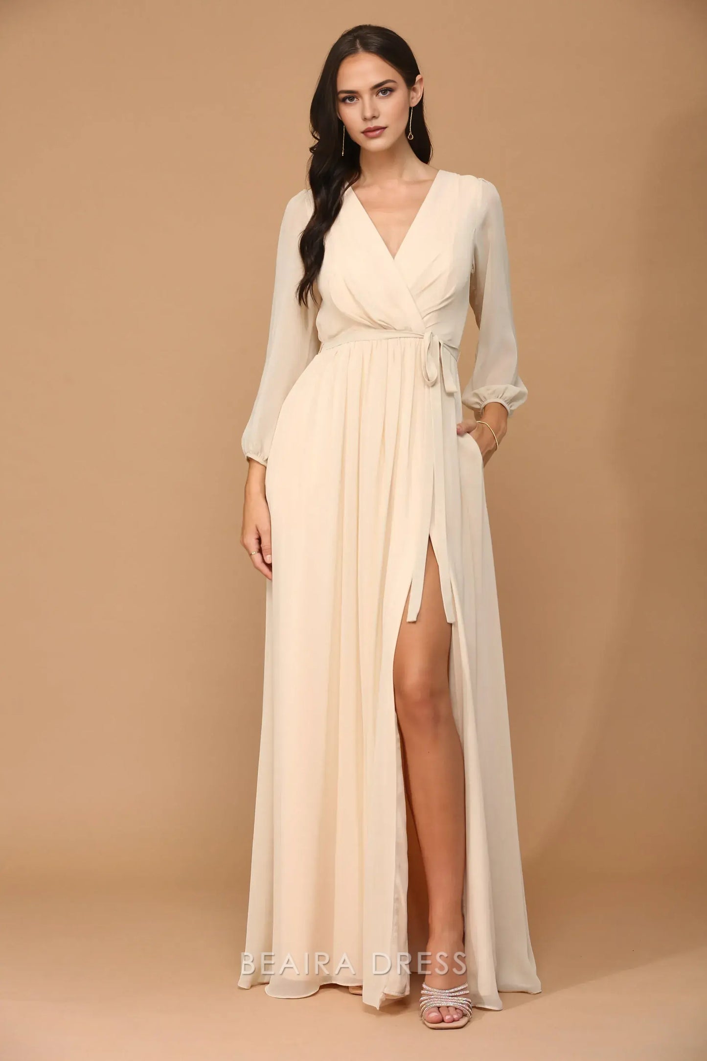 Elegant Long Sleeve Chiffon Wrap Maxi Dress with Tie Waist Prom Dress