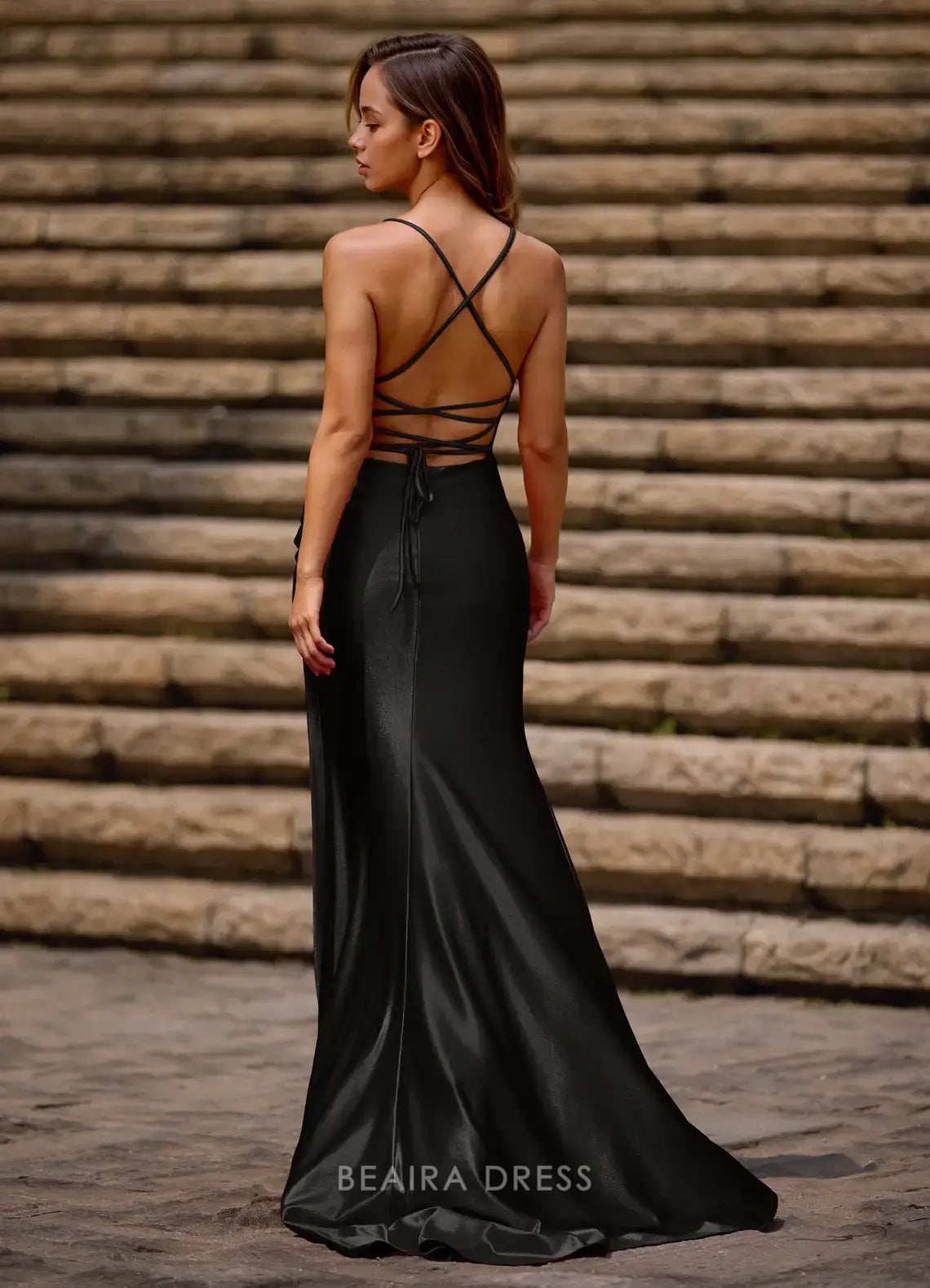 Elegant Luminous Neptune Column Square Neckline Satin Prom Dress with Pleated Split Dress