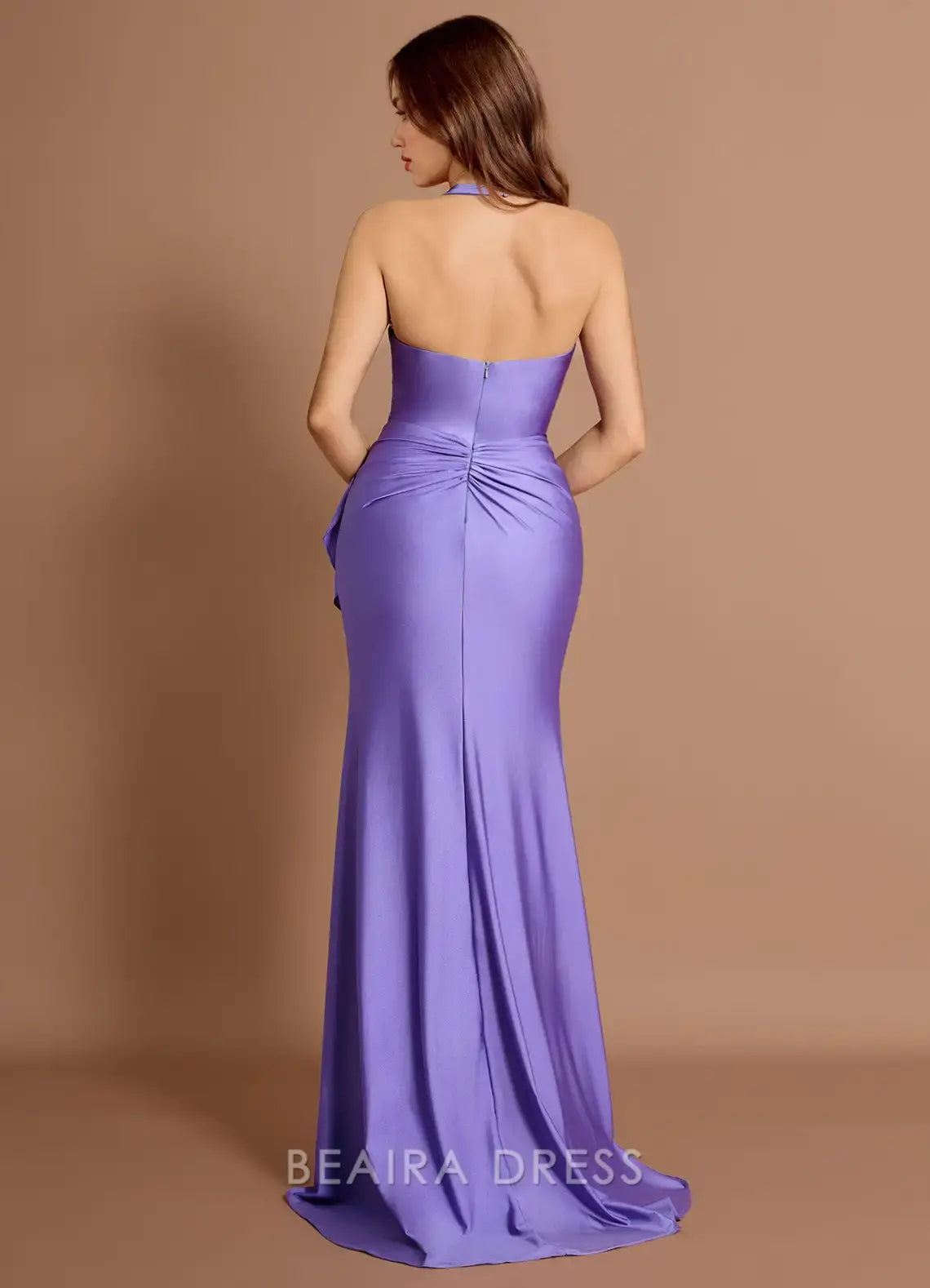 Elegant Mermaid Halter Neck Ruffle Side Slit Satin Maxi Dress Prom Dress