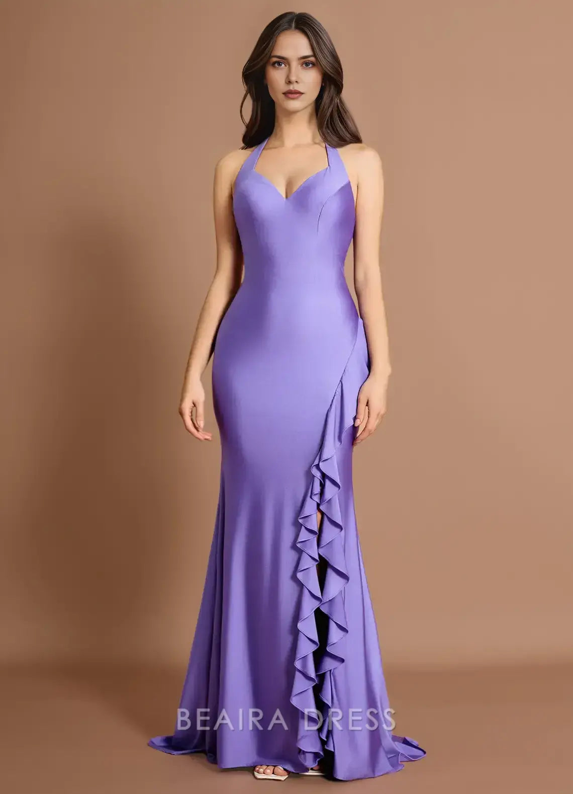 Elegant Mermaid Halter Neck Ruffle Side Slit Satin Maxi Dress Prom Dress