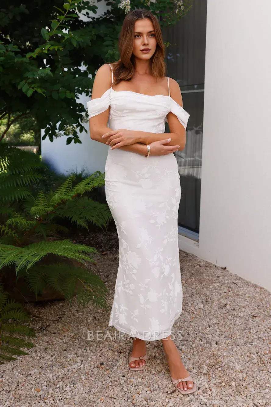 Elegant Off - Shoulder Floral Jacquard Midi Dress with Tie Back Prom Dress