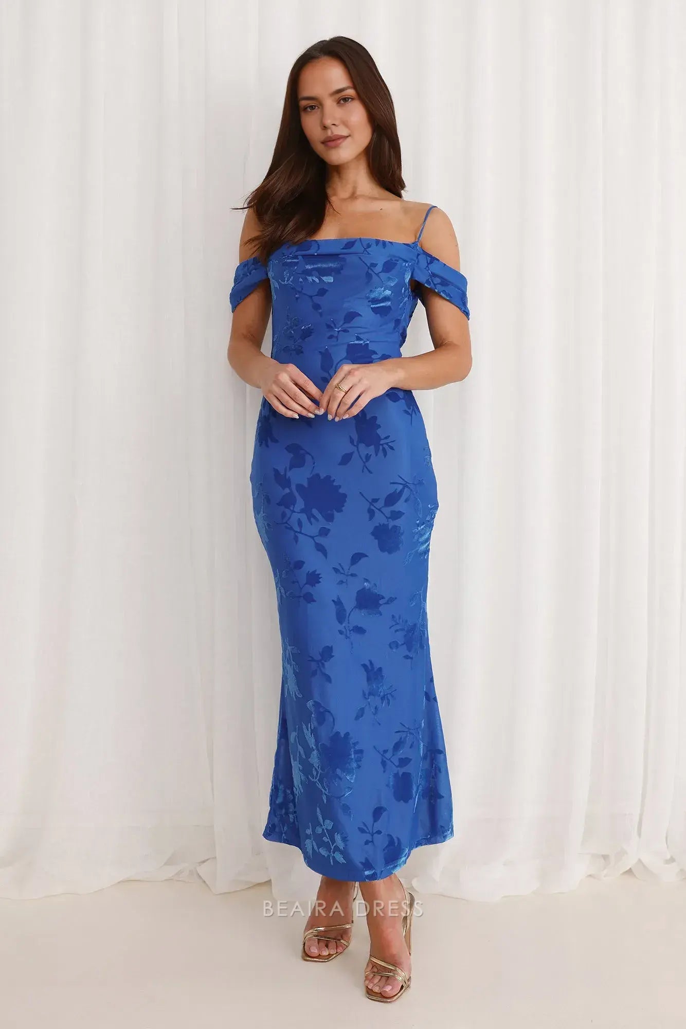 Elegant Off - Shoulder Floral Jacquard Midi Dress with Tie Back Prom Dress