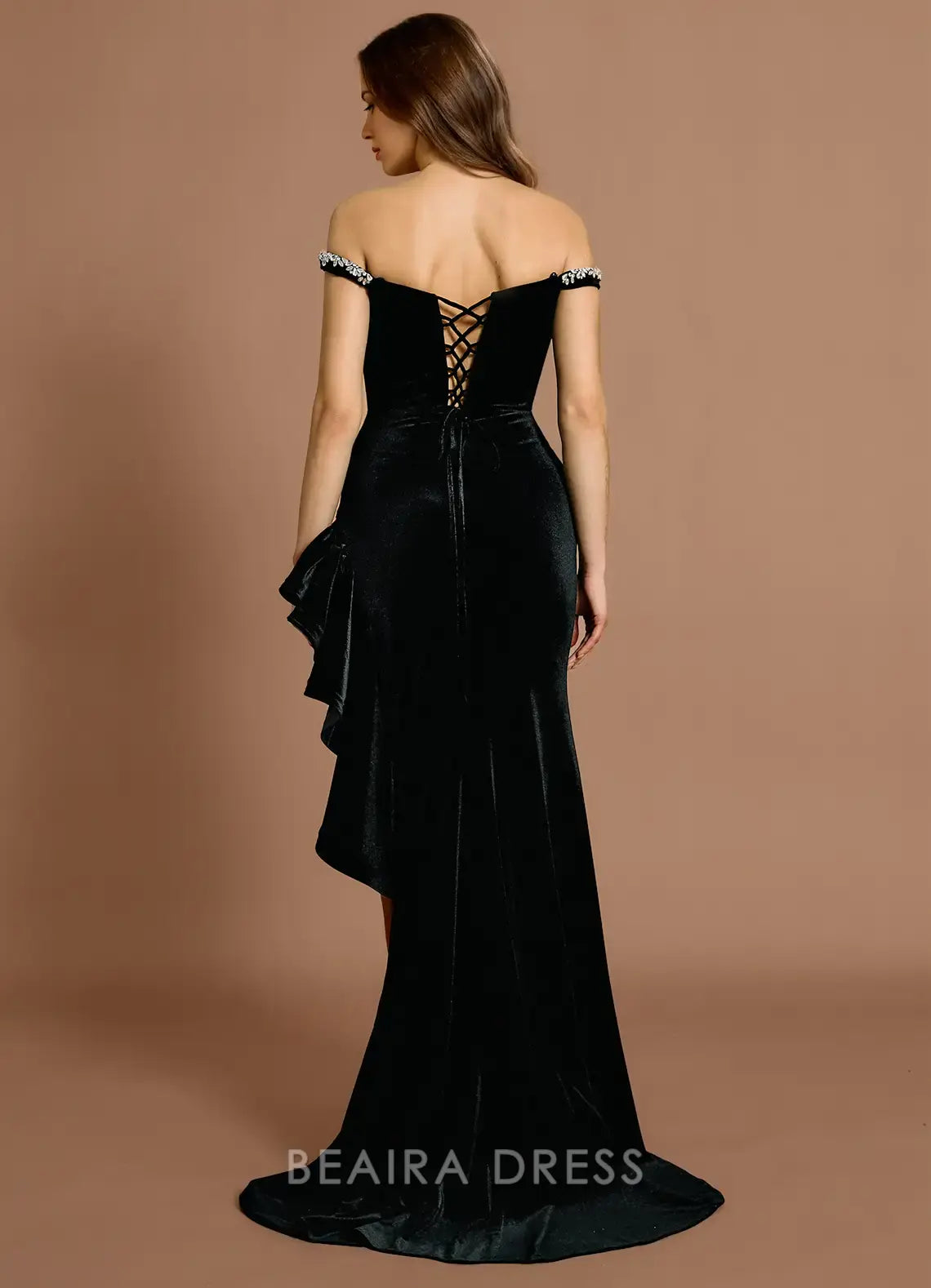 Elegant Off - Shoulder Velvet Maxi Dress with Embellished Neckline and Side Ruffle Prom Dress