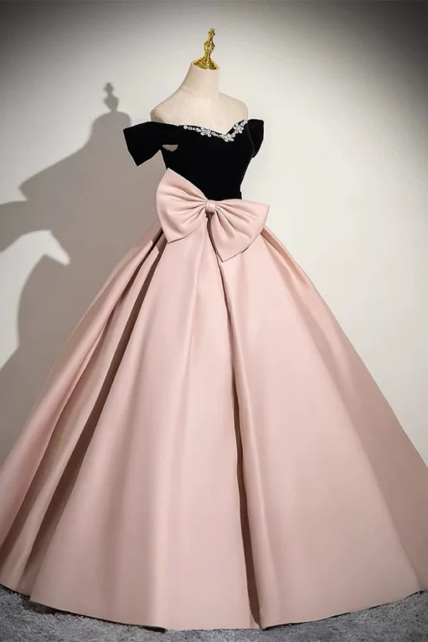 Elegant Off-the-Shoulder Bow-Adorned Black Velvet Pink Satin Prom Dresses