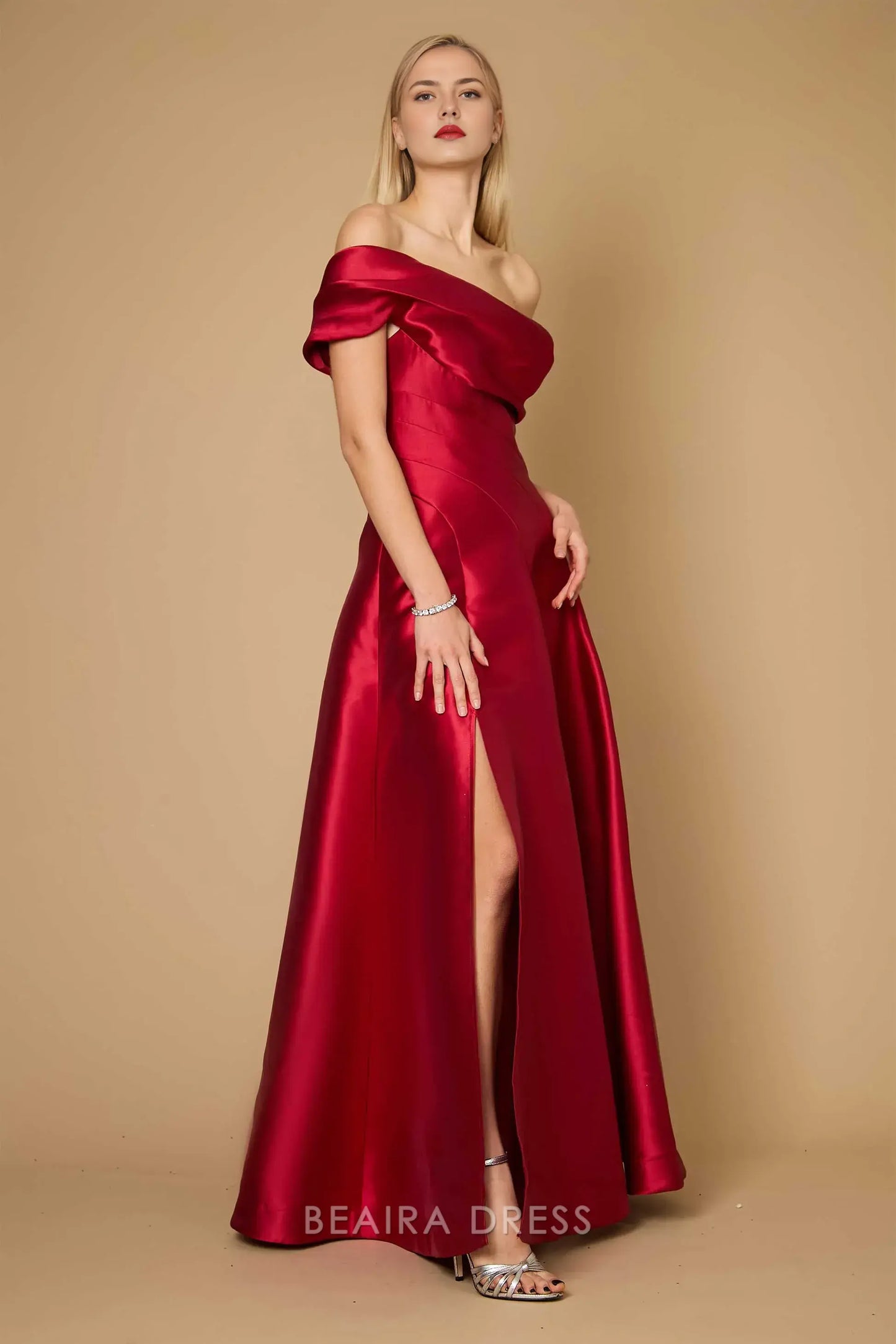 Elegant One - Shoulder A-Line Satin Evening Gown with High Slit Prom Dress