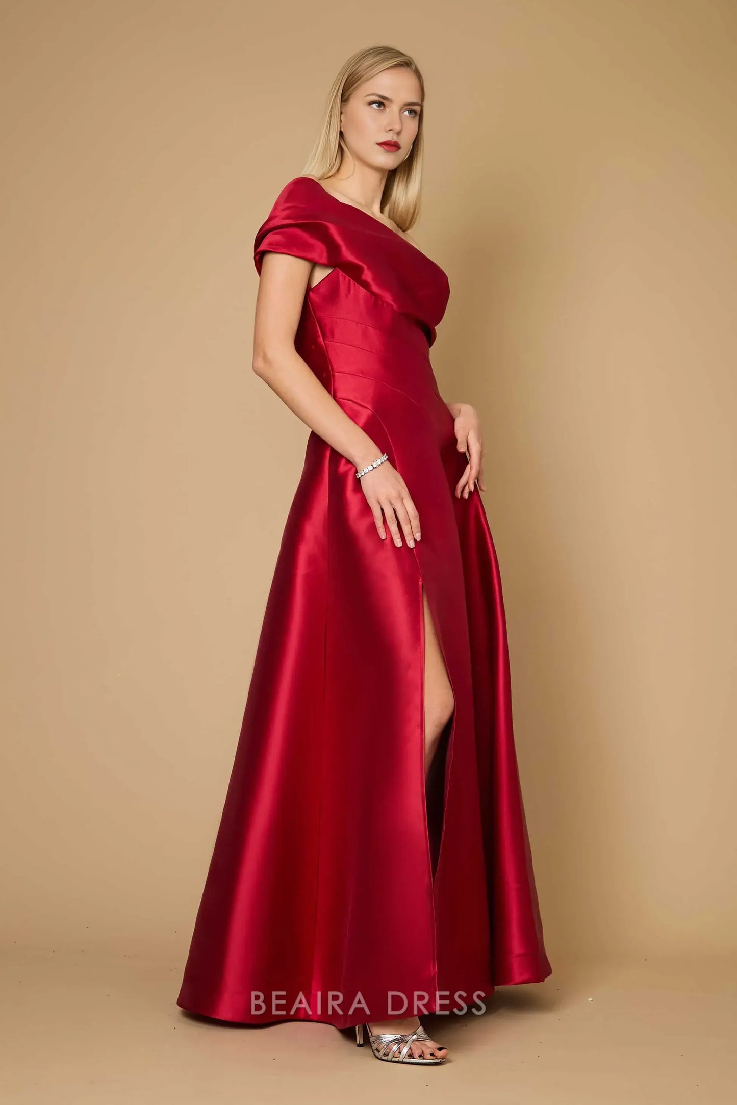 Elegant One - Shoulder A-Line Satin Evening Gown with High Slit Prom Dress