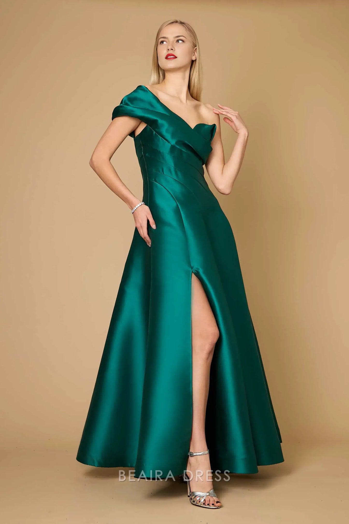 Elegant One - Shoulder A-Line Satin Evening Gown with High Slit Prom Dress