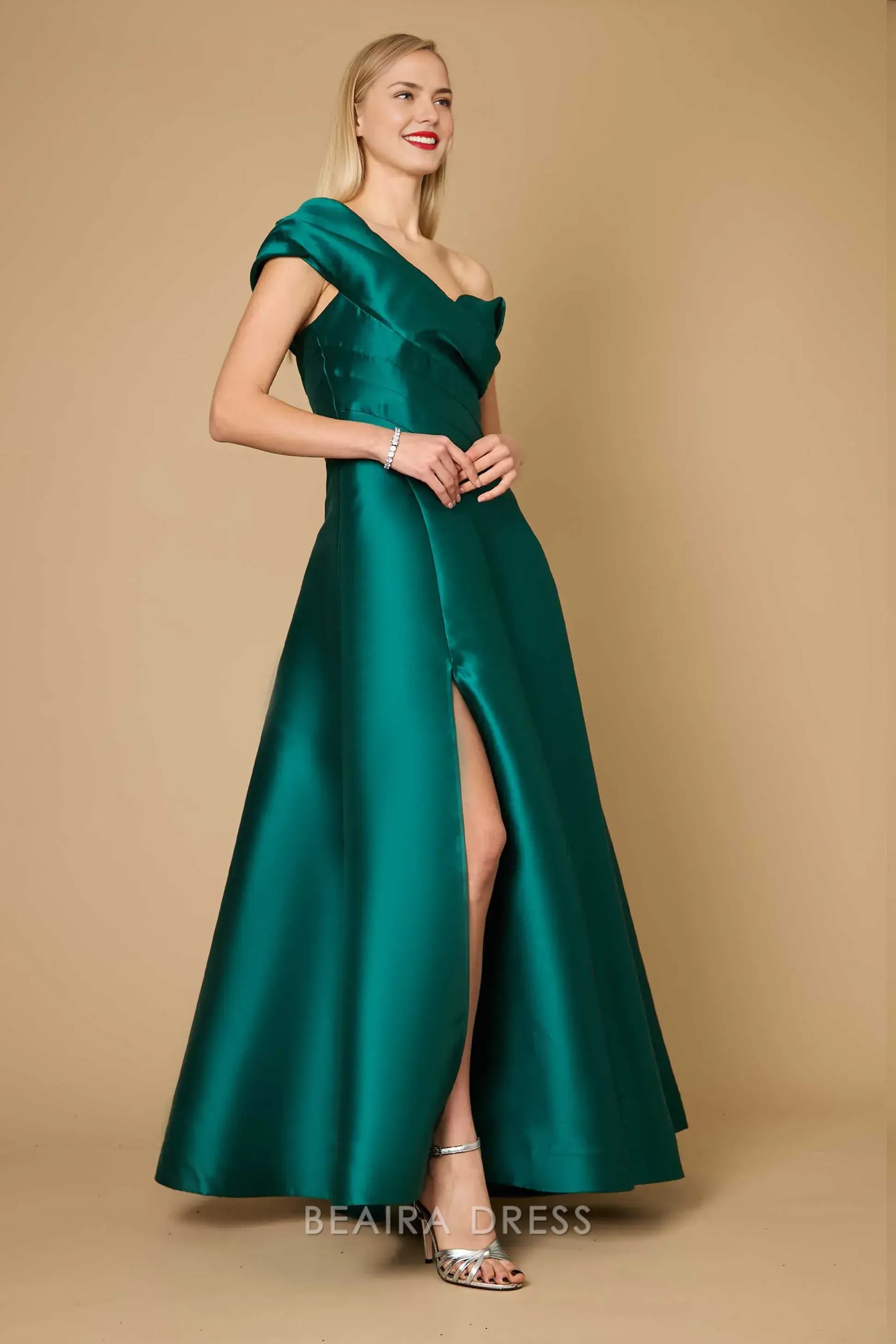 Elegant One - Shoulder A-Line Satin Evening Gown with High Slit Prom Dress