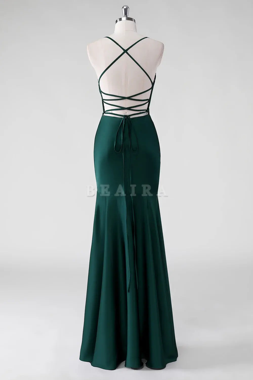 Beaira Elegant Pine Sheath Spaghetti Straps Satin Floor Length Bridesmaid Dress with Lace Up Back