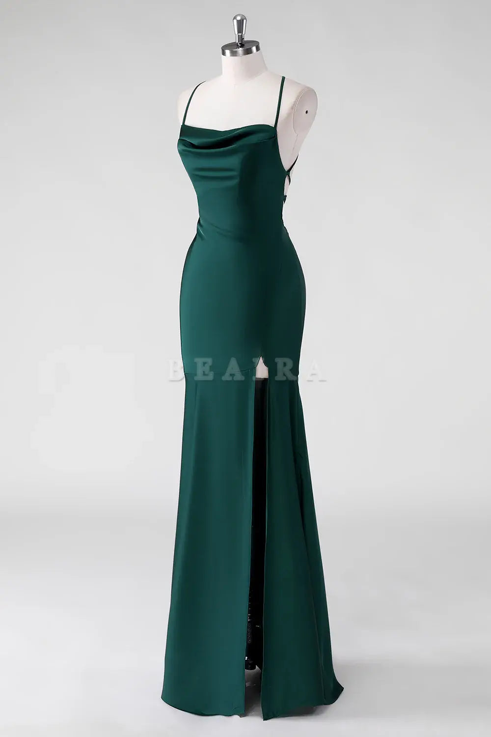 Beaira Elegant Pine Sheath Spaghetti Straps Satin Floor Length Bridesmaid Dress with Lace Up Back