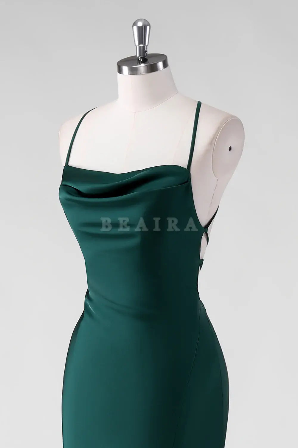 Beaira Elegant Pine Sheath Spaghetti Straps Satin Floor Length Bridesmaid Dress with Lace Up Back
