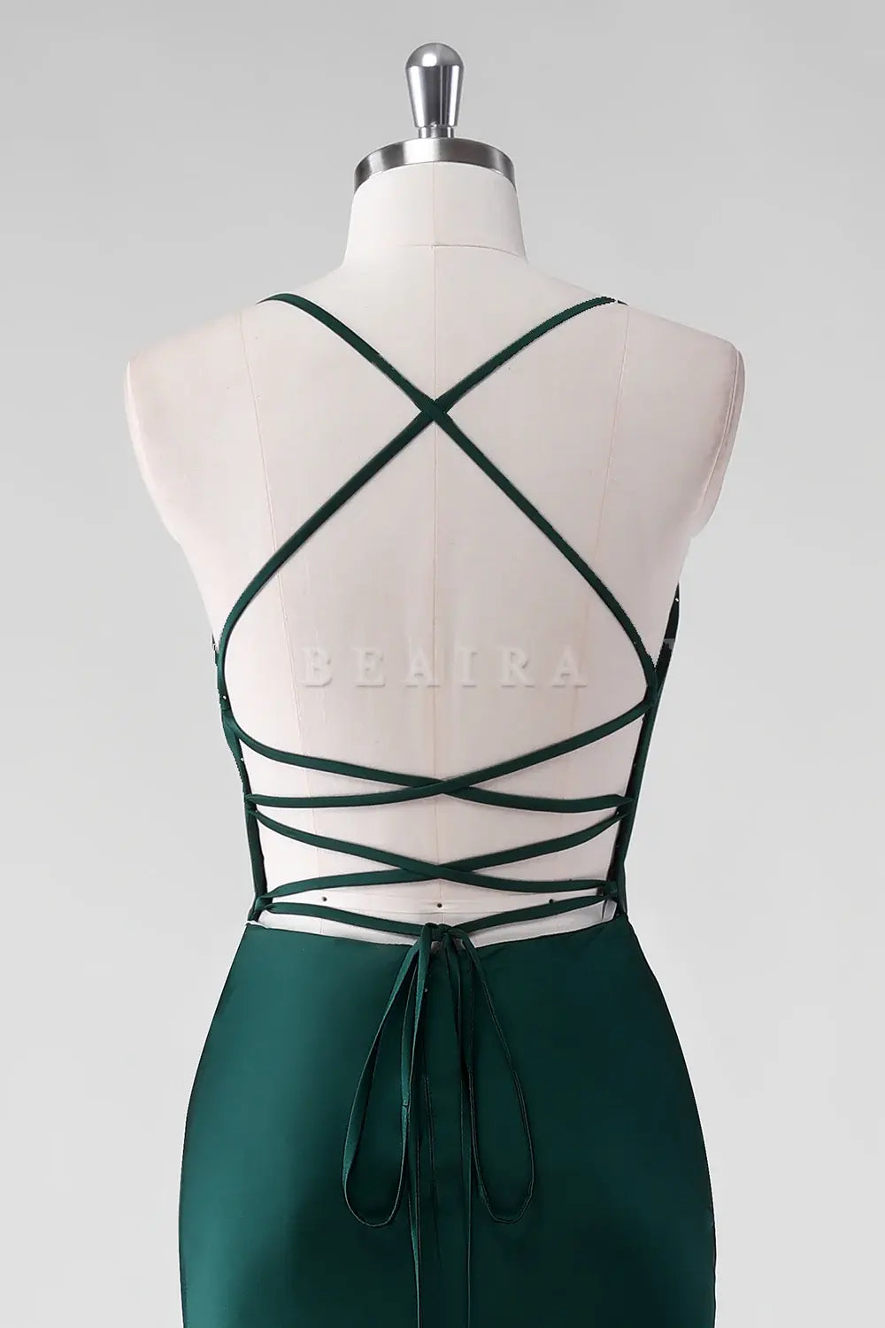 Beaira Elegant Pine Sheath Spaghetti Straps Satin Floor Length Bridesmaid Dress with Lace Up Back