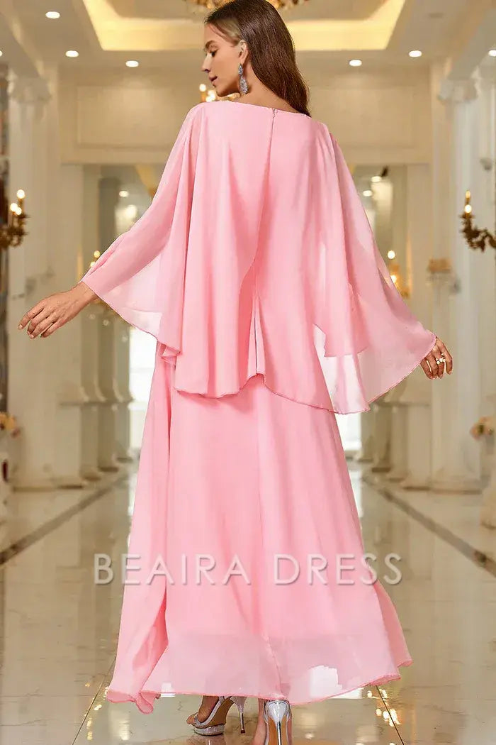 Beaira Elegant Pink A Line V Neck Shawl Sleeve Long Formal Dress - Pink