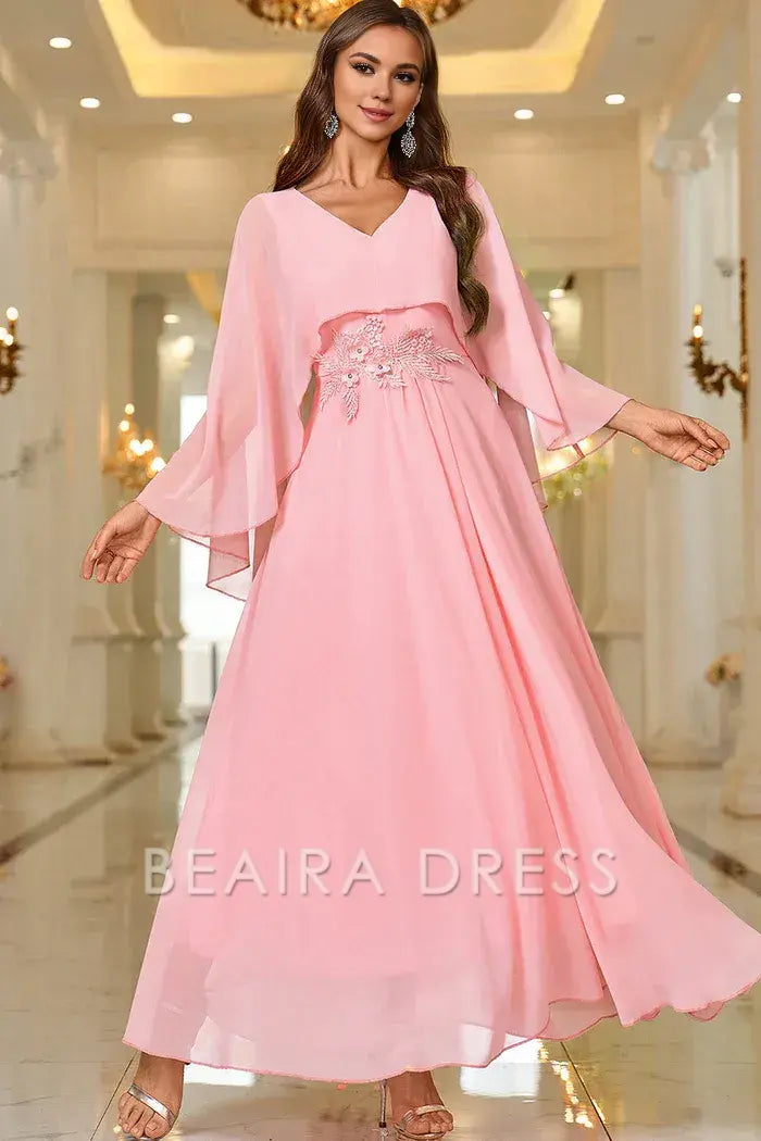Beaira Elegant Pink A Line V Neck Shawl Sleeve Long Formal Dress - Pink