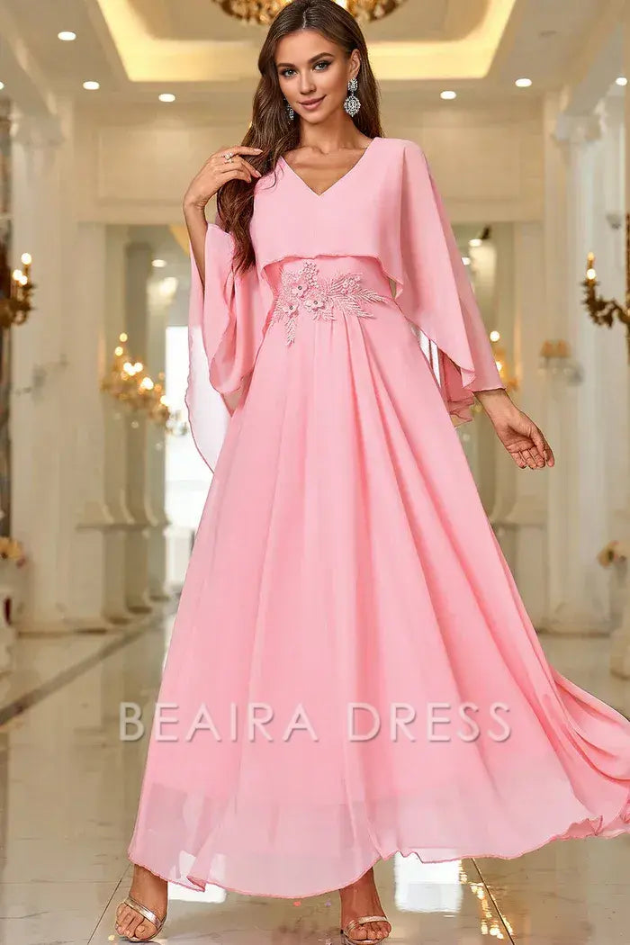 Beaira Elegant Pink A Line V Neck Shawl Sleeve Long Formal Dress - Pink