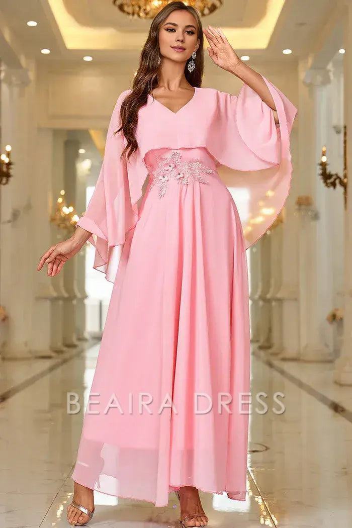 Beaira Elegant Pink A Line V Neck Shawl Sleeve Long Formal Dress - Pink