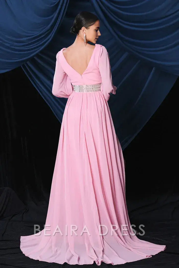 Beaira Elegant Pink Chiffon Long Sleeves Prom Dress With Slit - Pink