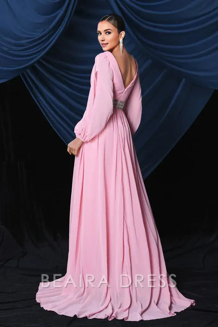 Beaira Elegant Pink Chiffon Long Sleeves Prom Dress With Slit - Pink