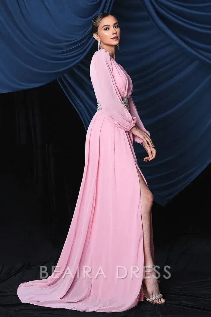 Beaira Elegant Pink Chiffon Long Sleeves Prom Dress With Slit - Pink