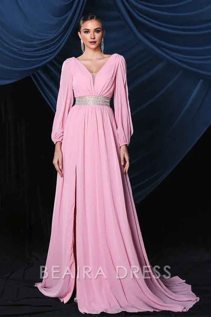 Beaira Elegant Pink Chiffon Long Sleeves Prom Dress With Slit - Pink