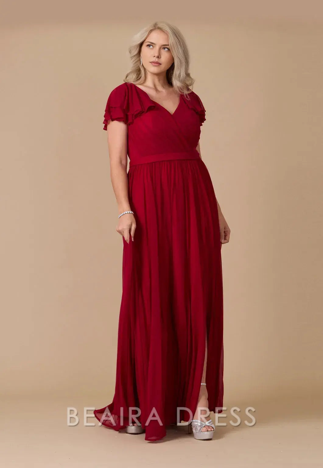 Elegant Plus Size Ruffled Sleeve V - Neck Chiffon Maxi Dress with Slit Prom Dress