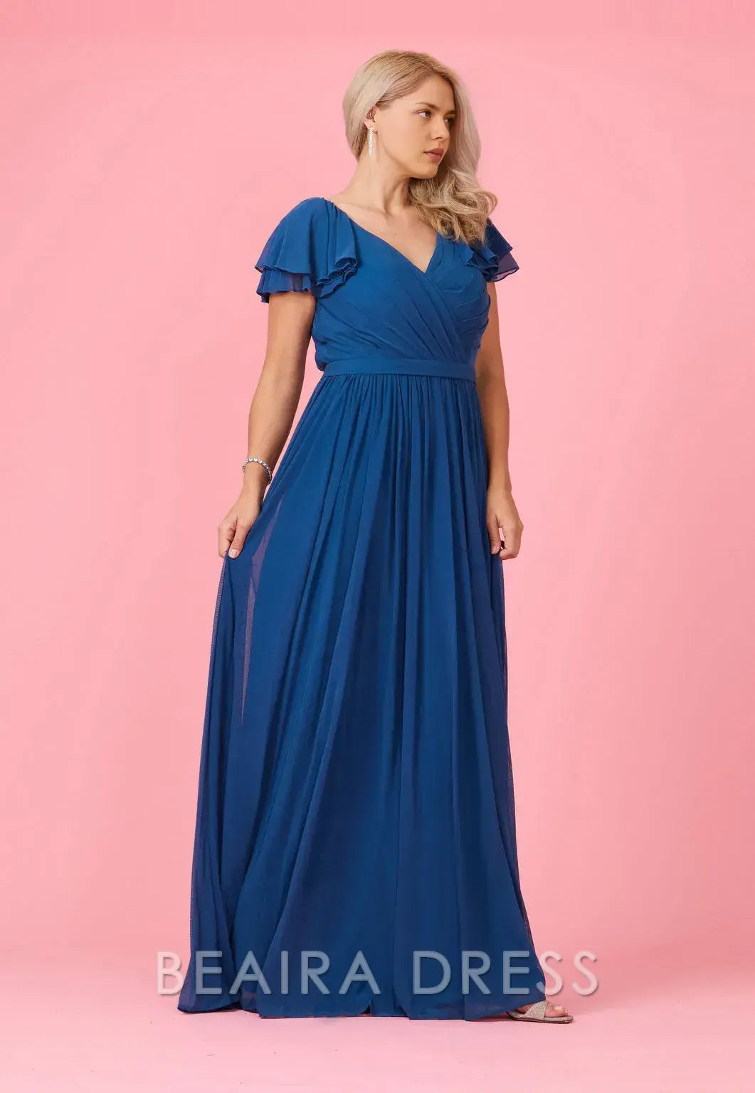 Elegant Plus Size Ruffled Sleeve V - Neck Chiffon Maxi Dress with Slit Prom Dress