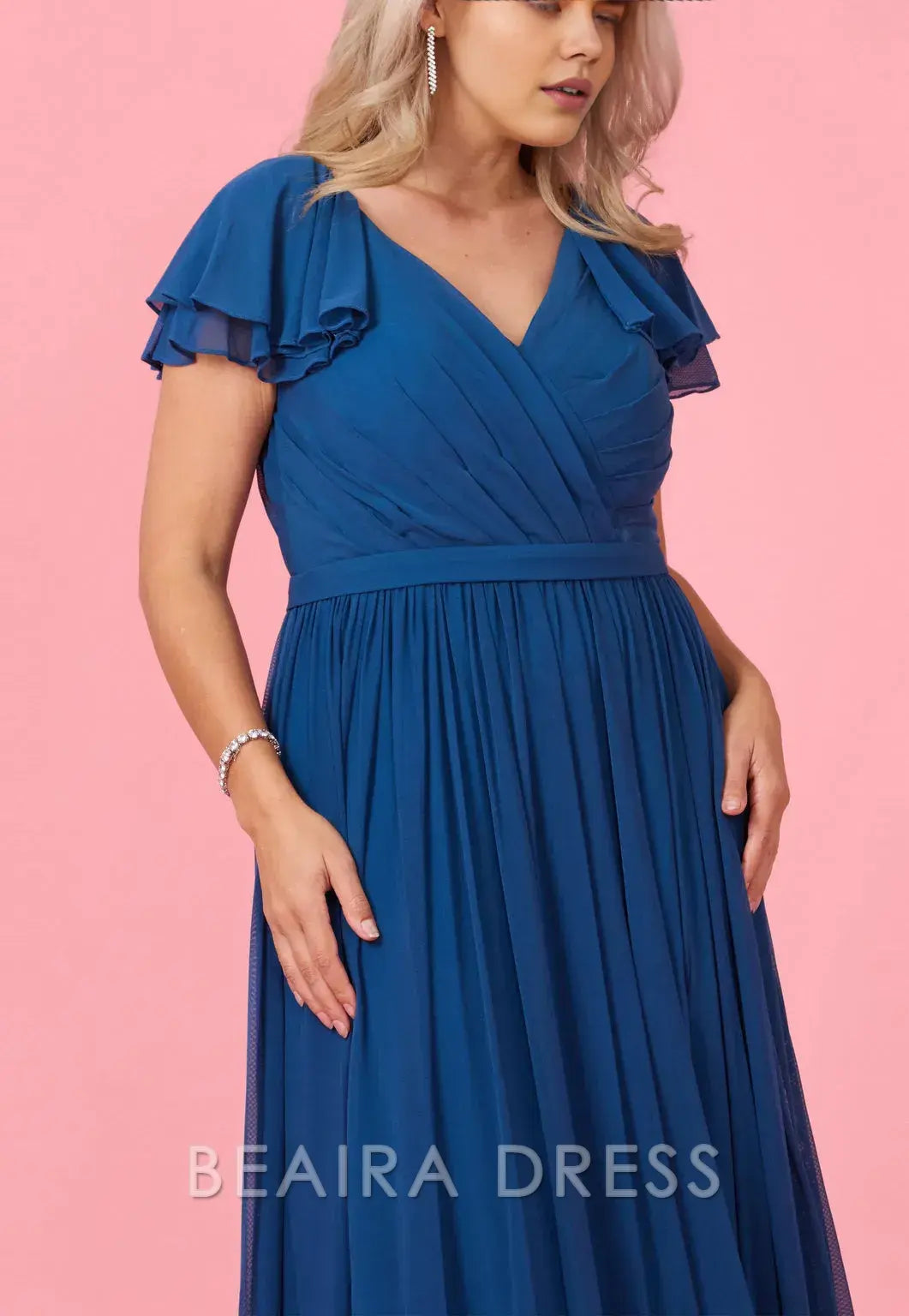 Elegant Plus Size Ruffled Sleeve V - Neck Chiffon Maxi Dress with Slit Prom Dress