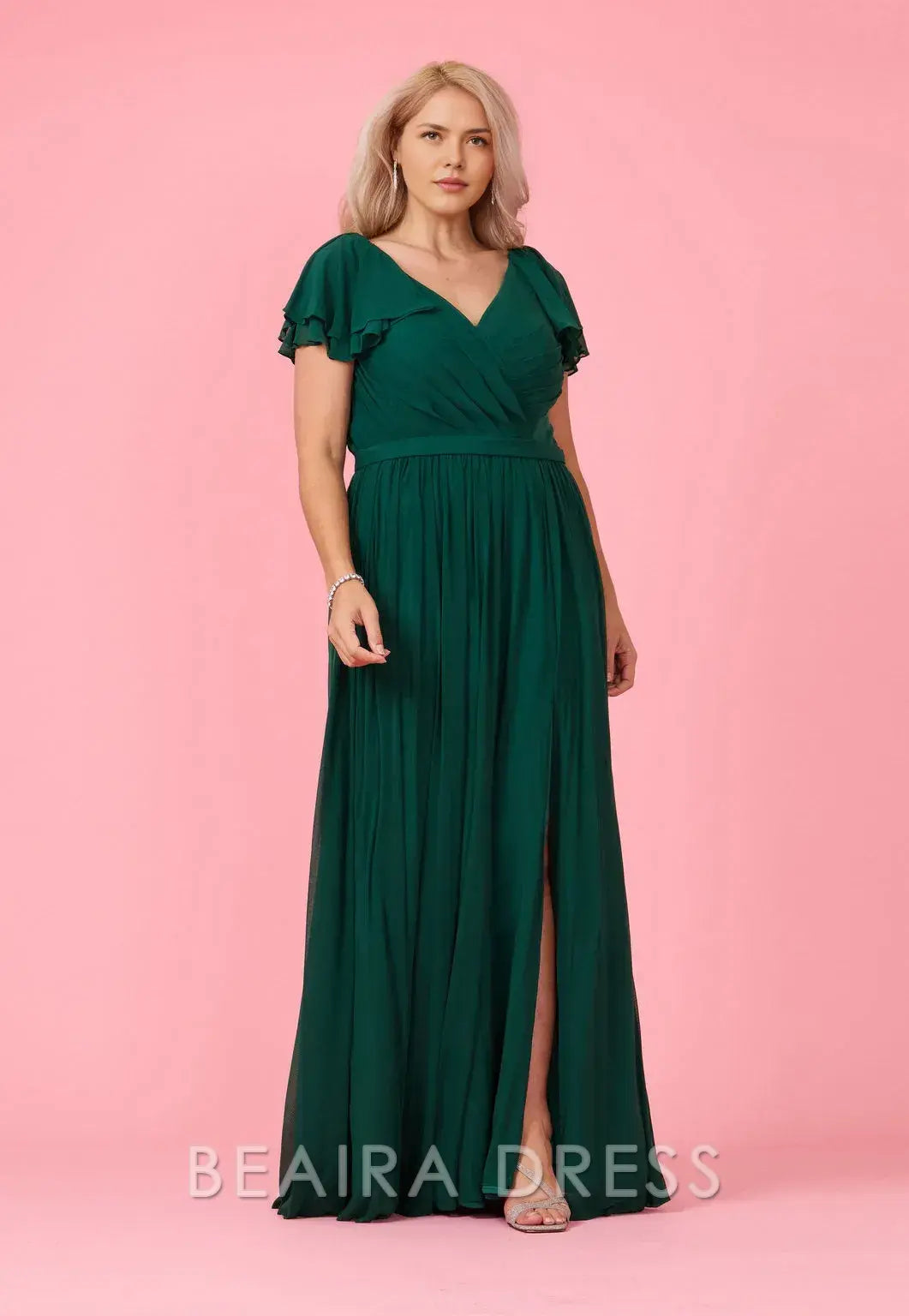 Elegant Plus Size Ruffled Sleeve V - Neck Chiffon Maxi Dress with Slit Prom Dress