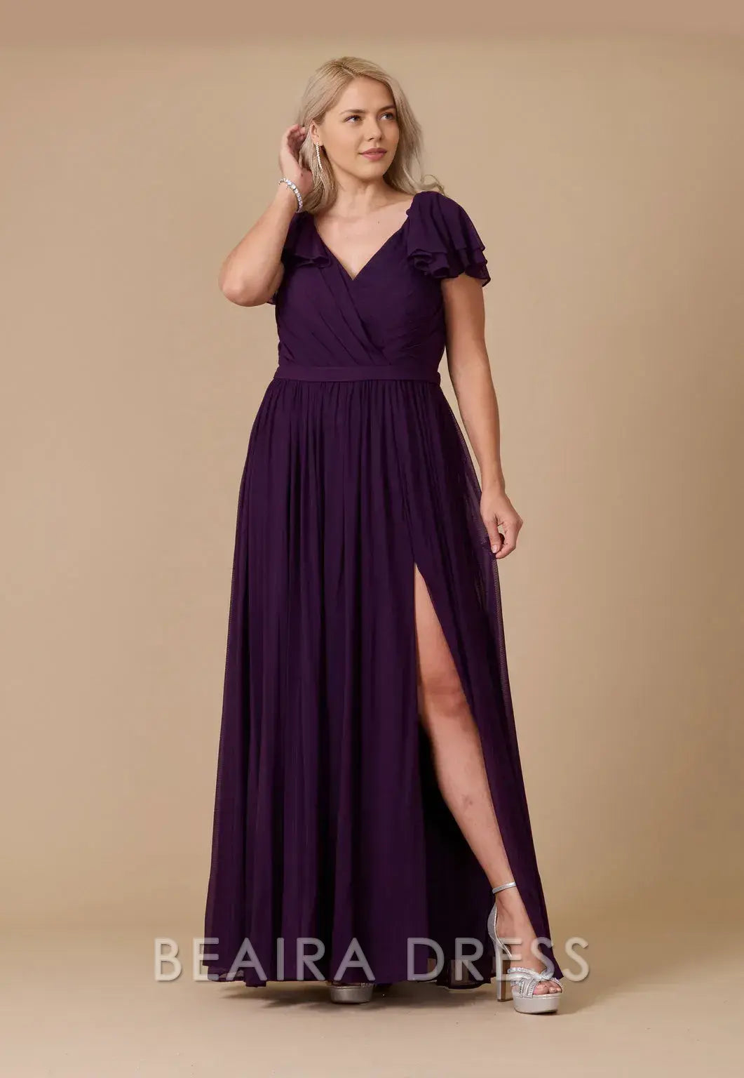 Elegant Plus Size Ruffled Sleeve V - Neck Chiffon Maxi Dress with Slit Prom Dress