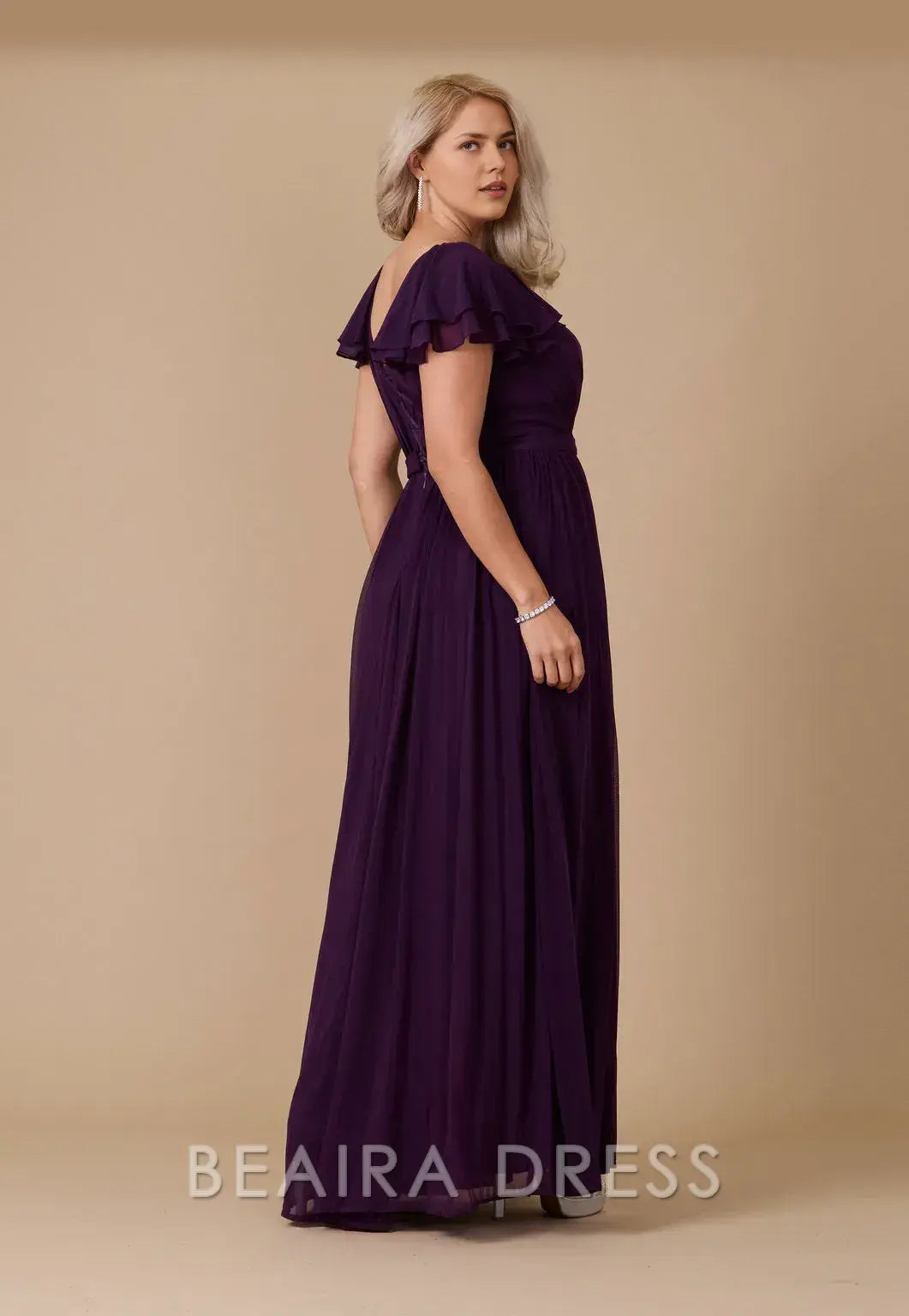 Elegant Plus Size Ruffled Sleeve V - Neck Chiffon Maxi Dress with Slit Prom Dress