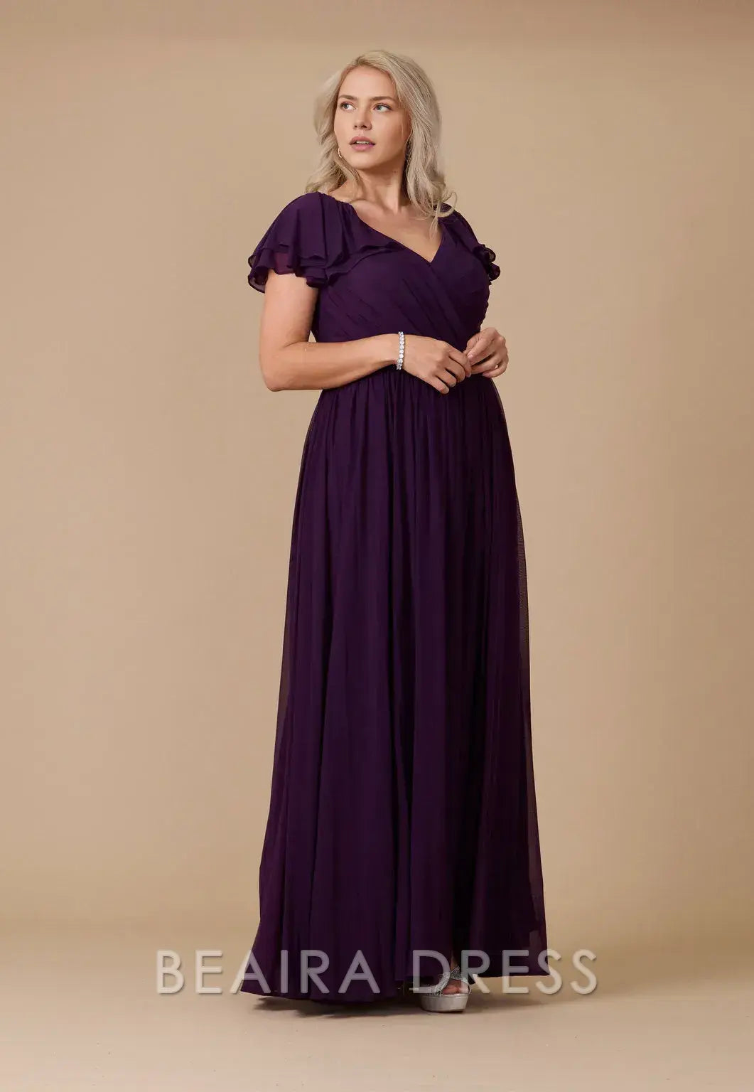 Elegant Plus Size Ruffled Sleeve V - Neck Chiffon Maxi Dress with Slit Prom Dress